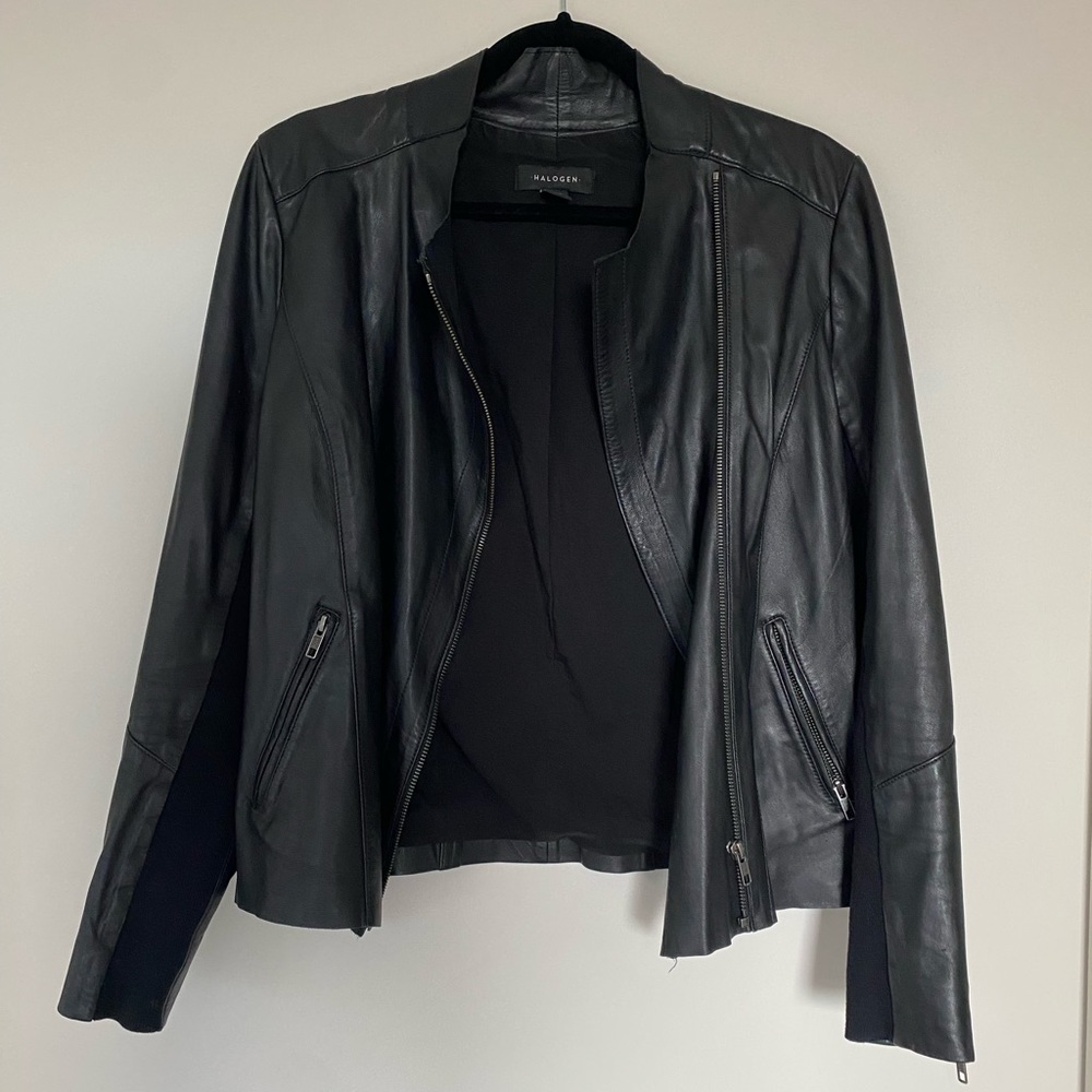 Womens Halogen Fitted Open-collar leather jacket